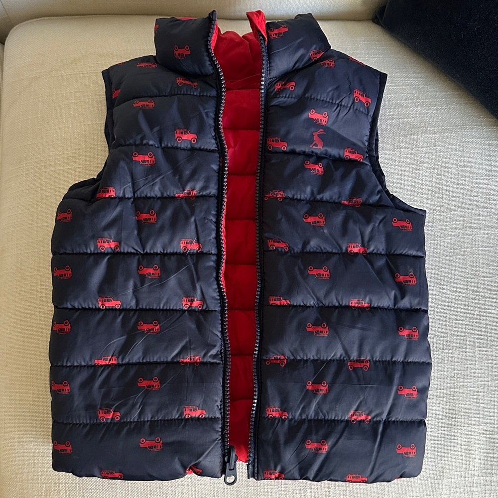 Boden Kids Puffer Vest with Red Car Print